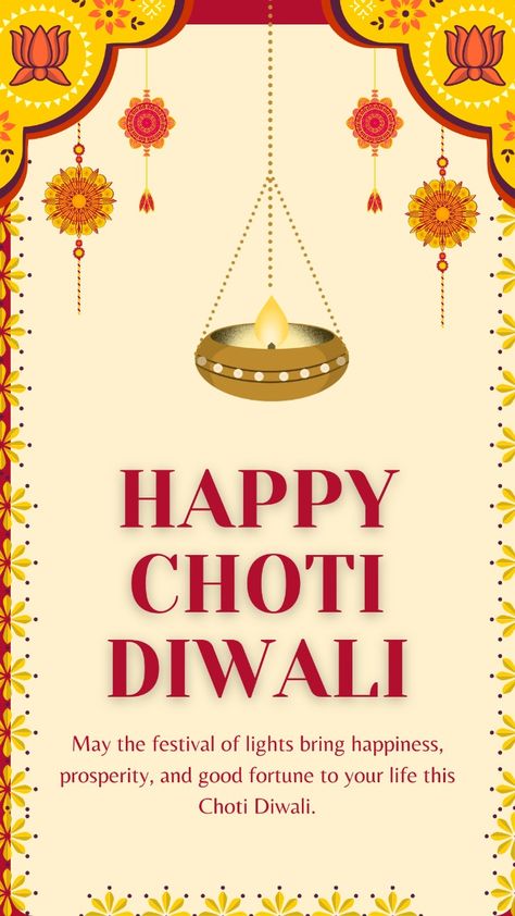 This may contain: happy choti diwali greeting card with an image of a chandelier