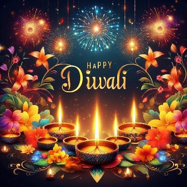 This may contain: happy diwali greeting card with colorful flowers and candles in the dark night sky