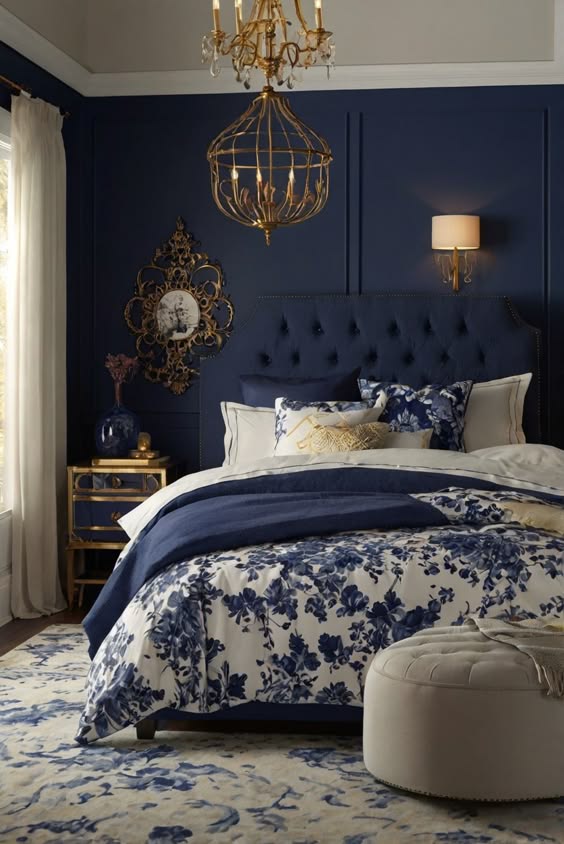  Navy blue and white coloured bedroom.