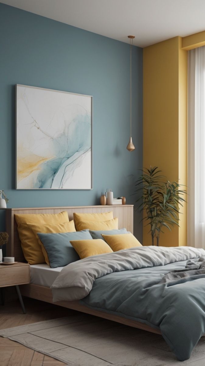 Light blue and yellow coloured bedroom