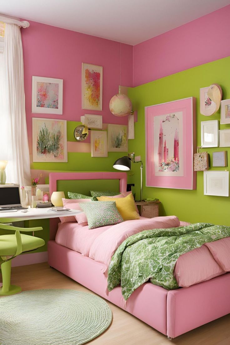Baby pink and lime green colour combination wall. 