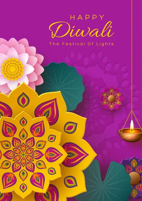 This may contain: happy diwali festival with colorful paper flowers and hanging lanterns on purple background illustration