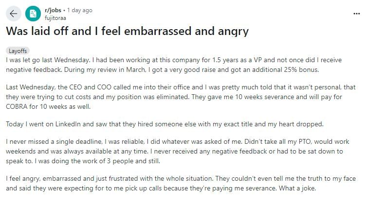 A former VP vented out his frustration after getting laid off on Reddit.