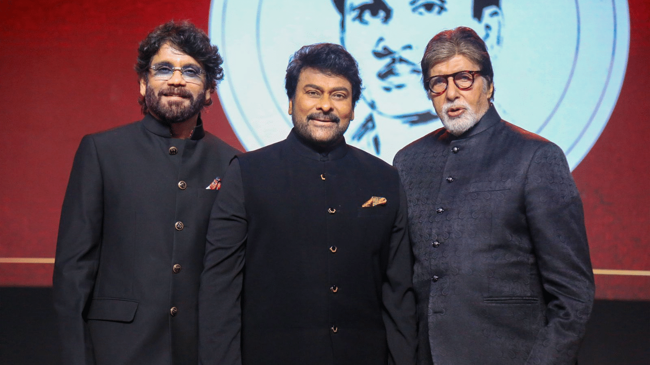 Amitabh Bachchan felicitates Chiranjeevi with ANR award in Hyderabad Amitabh Bachchan felicitates Chiranjeevi with ANR award in Hyderabad