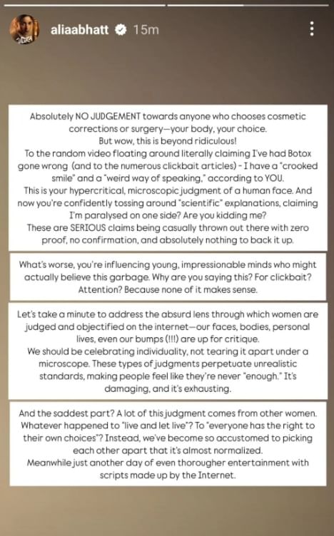 Alia Bhatt responds to botox claims on Instagram.