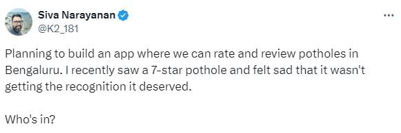 Bengaluru techie wants to build app to rate potholes.