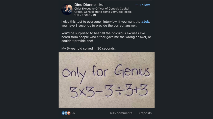 CEO challenges job candidates with brain teaser; they have to solve in 3 seconds