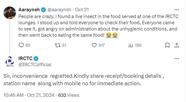 IRCTC responded to the man who found a centipede in his food.