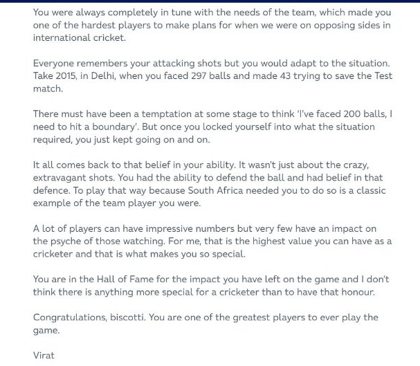 Virat Kohli pens heartfet letter for AB de Villiers on ICC Hall of Fame honour 4 Kohli letter 3