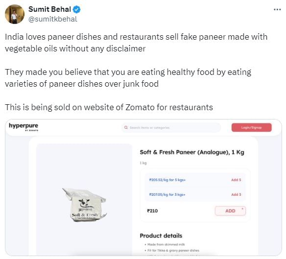 Man's post about analogue paneer sold on Zomato's Hyperpure goes viral.