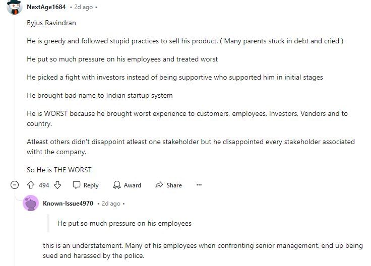 Netizens bashed Byju Raveendran on Reddit.