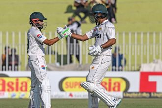 England crumble to 24-3 against Pakistan after Saud Shakeel’s gritty century