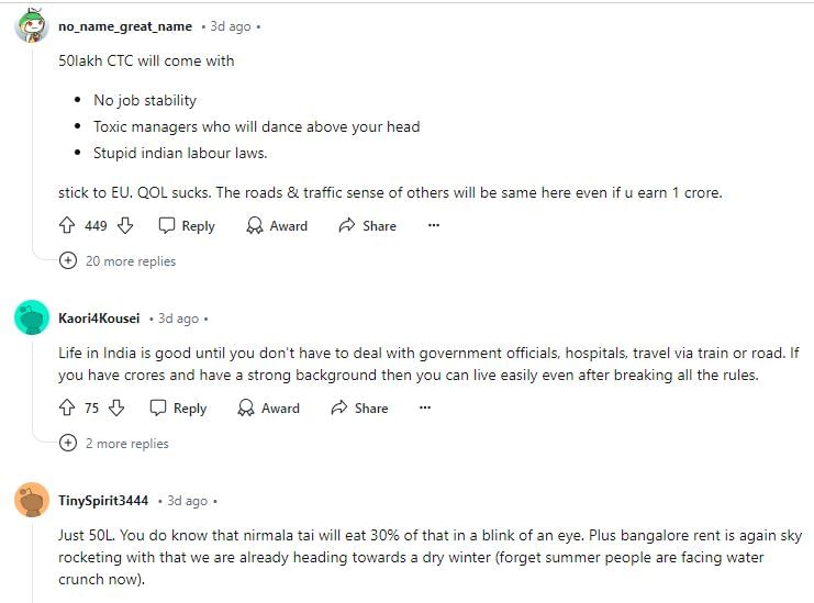 Man earning Rs 80 lakh in Europe considers moving to Bengaluru; netizens discourage 3 Redditors discouraged man from returning to India.