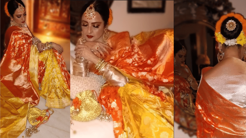 All eyes on Rekha: Bollywood icon slays in orange-yellow Banarsi saree at Diwali bash