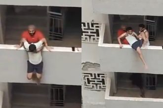 Watch: Neighbours turn saviours in Noida’s Sector 74, save man hanging from balcony