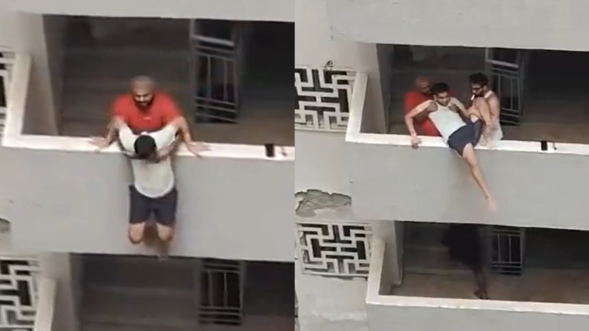 Watch: Neighbours turn saviours in Noida’s Sector 74, save man hanging from balcony