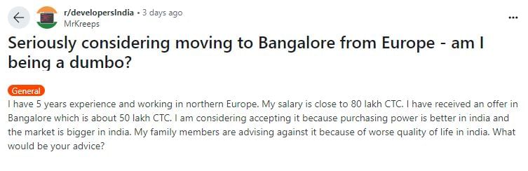 Man earning Rs 80 lakh in Europe considers moving to Bengaluru; netizens discourage 2 Techie asked Redditors if moving to Bengaluru from Europe was a good decision.