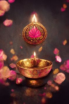 This may contain: a golden bowl with a lit candle in the center surrounded by petals and petals scattered around it