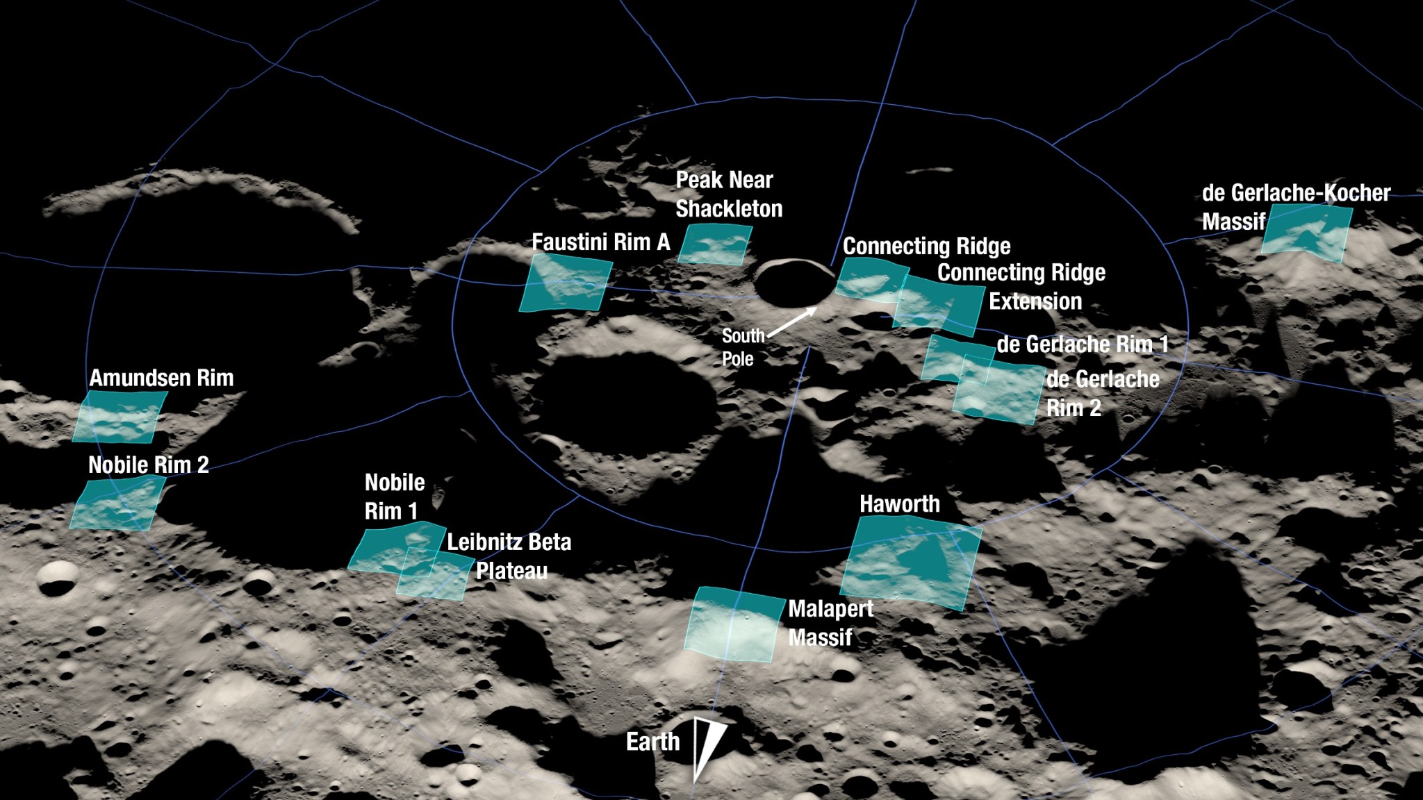 NASA is returning to Moon with eyes on Mars 2 Shown here is a rendering of 13 candidate landing regions for Artemis III. Each region is approximately 9.3 by 9.3 miles (15 by 15 kilometers).