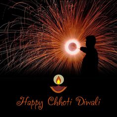 This may contain: happy choti diwali greeting card with firework and boy holding lit candle