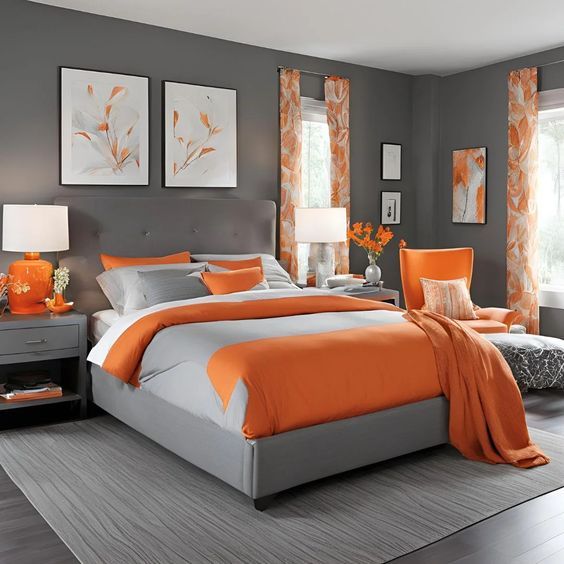Orange and charcoal bedroom. 