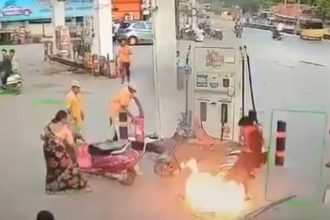 Drunk man sets fire at Hyderabad petrol pump, narrow escape for woman & child | Video