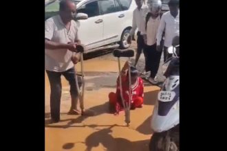 VIDEO: Physically challenged woman falls into pothole, JDS slams Siddaramaiah govt