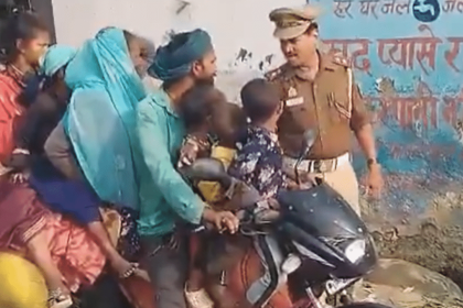 Bizarre scene in UP: Family of eight with mattresses on one bike caught on camera