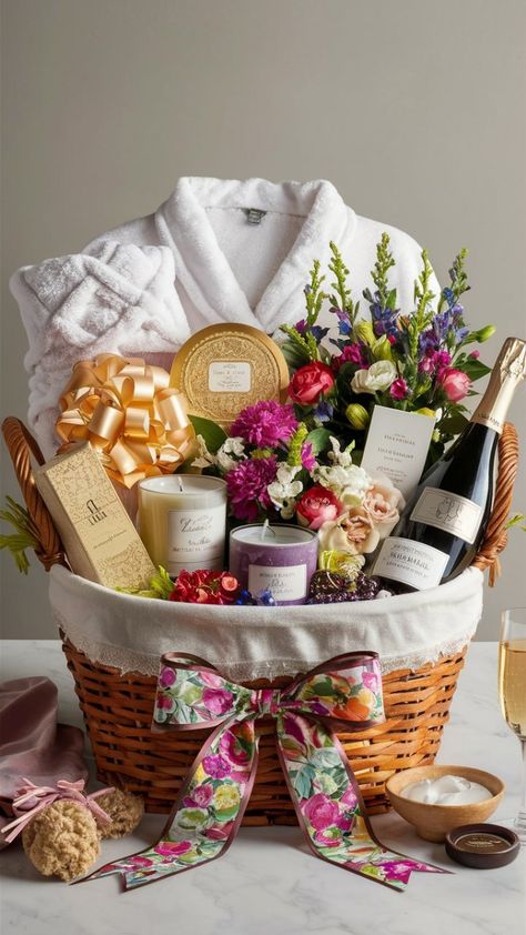 This may contain: a wicker basket filled with champagne and flowers