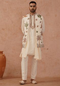 This contains: Off White Embroidered Kurta Set With Jacket Kalpraag - Fabilicious Fashion
