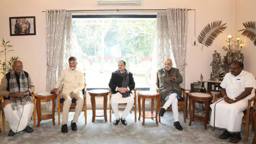 NDA leaders meet Amit Shah to tackle opposition, discuss simultaneous elections