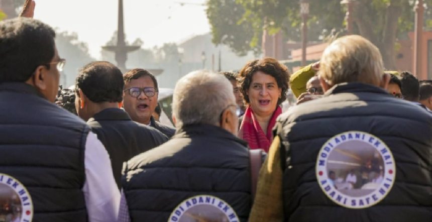 Watch: Wearing ‘Modi Adani Ek Hai’ jackets, INDIA bloc protests outside Parliament