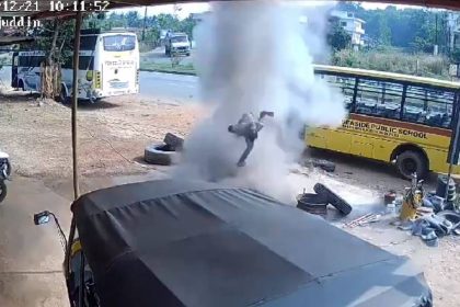 Caught on Cam: Tyre explosion sends mechanic flying in Karnataka’s Udupi