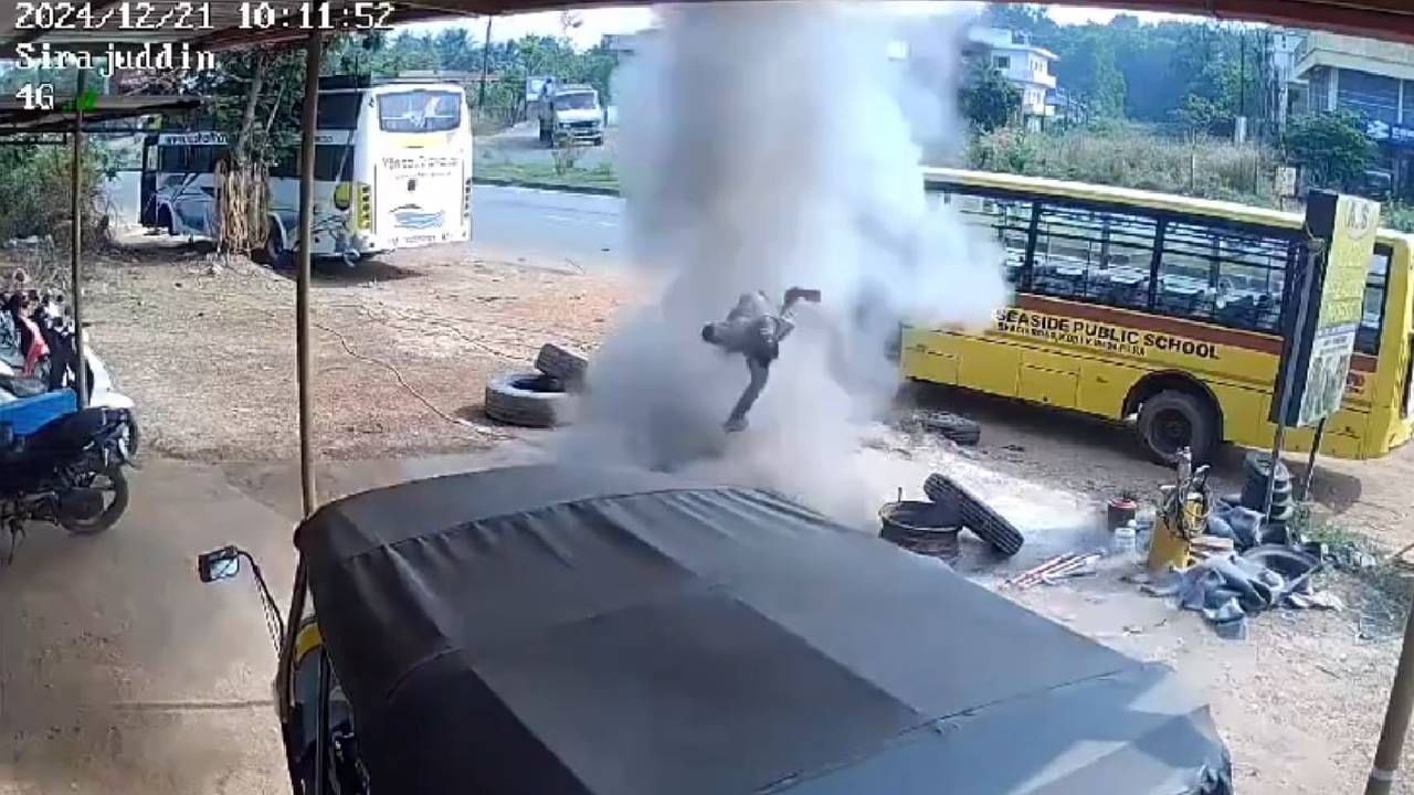 Caught on Cam: Tyre explosion sends mechanic flying in Karnataka’s Udupi