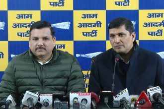 AAP leaders Saurabh Bharadwaj, Sanjay Singh sit on ‘dharna’ outside Delhi CM’s residence