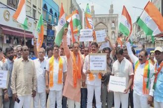 BJP leader mistakenly chants ‘Jai Ho Jai Ho Pakistan’ during protest against Pahalgam attack in Hyderabad, draws flak