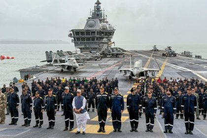 Defence Minister Rajnath Singh visits INS Vikrant, meets Navy personnel onboard