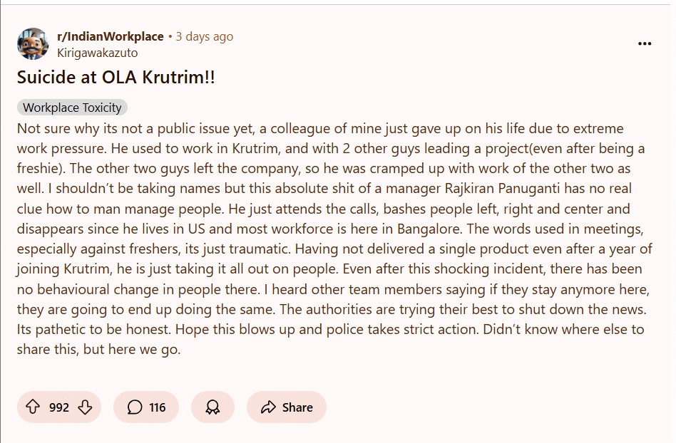 Krutrim techie found dead in Bengaluru, reddit post blames ‘toxic’ work pressure 2 Suicide