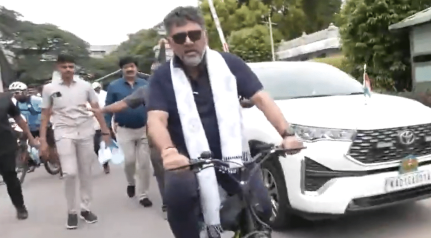Caught on cam: Karnataka Deputy CM DK Shivakumar falls off bicycle during World Environment Day ride
