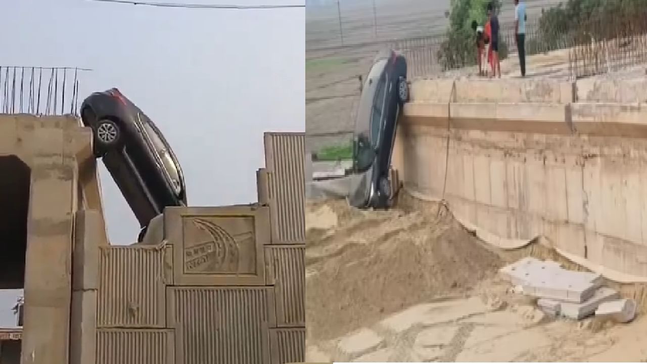 Misled by Google Maps, car hangs mid-air from under-construction flyover in UP Misled by Google Maps, car hangs mid-air from under-construction flyover in UP