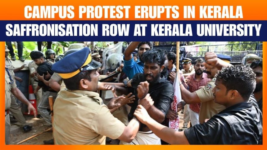 SFI activists storm Kerala University HQ; Police struggle to contain protest